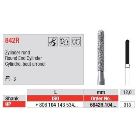 Freze Diamant Cilindru cu Cap Rotunjit HP 842R - 3 buc. 