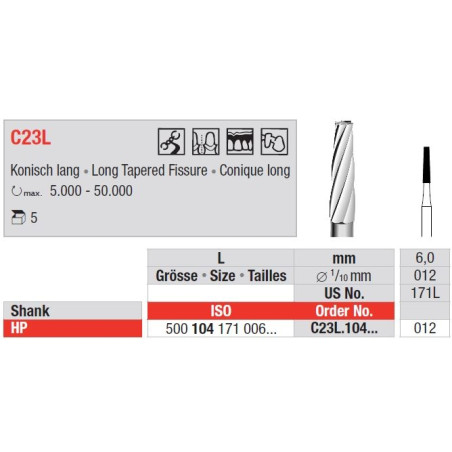 Freze TC Burs HP - cu cap conic lung C23L 