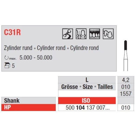 Freze TC Burs HP - cu cap cilindru rotund C31R