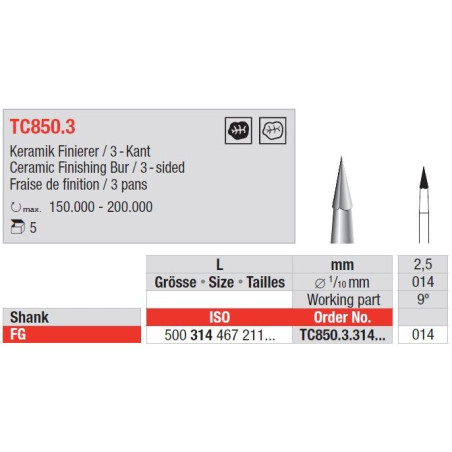 Freze TC850.3 FG Finishing instruments cu 3 fete