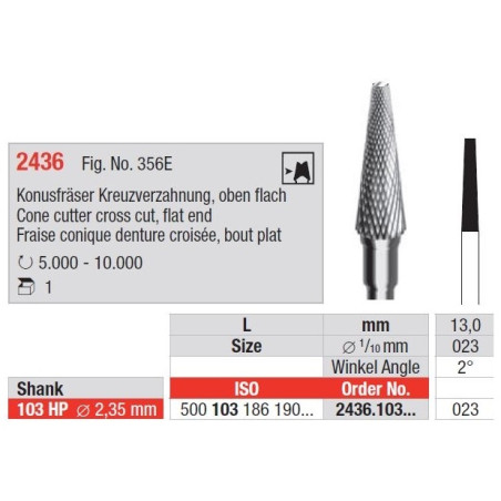 Конична фреза с плосък край Edenta Cross Cut 2436