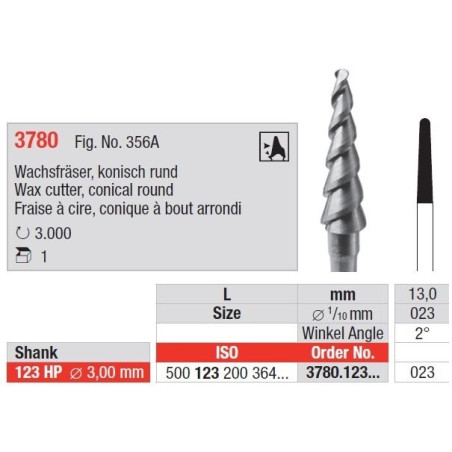 Фреза Wax cutter, кръгъл конус 3780 123HP