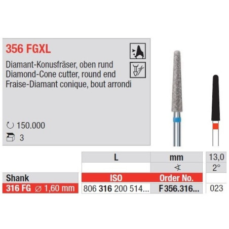 Фреза диамантена Cone cutter, заоблен край 356FGXL