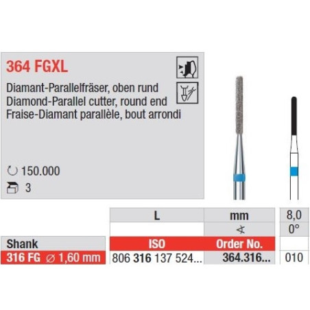 Фреза диамантена Parallel cutter, заоблен край 364FGXL