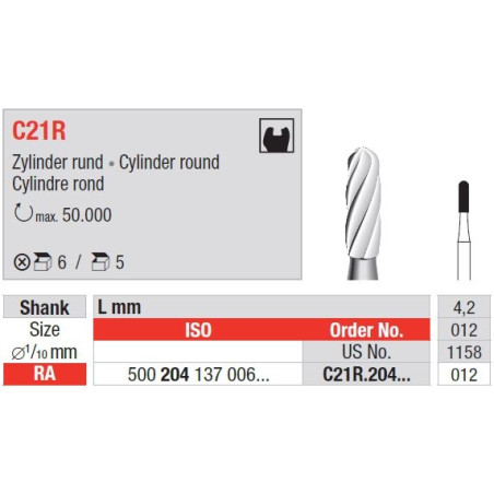 Freze TC Burs RA C21R cu cap cilindru rotund