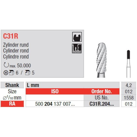 Freze TC Bur RA cu cap cilindru rotund C31R