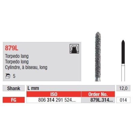 Freze Diamant Cilindru cu Varf Conic Lung FG 879L - 5 buc. 