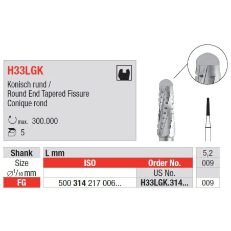 Freze TC Bur FG H33LGK cu cap conic rotund