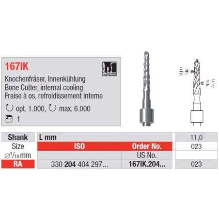 Фреза Bone Cutter, вътрешно охлаждане 167 IK